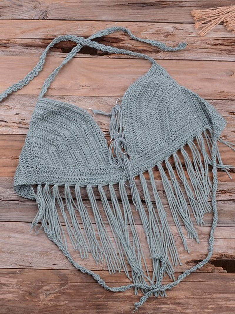 Crochet Knitted Tassel Bikini Set Ladies Swimwear Beachwear Bra Thong Summer Bathing Suit Push up Swimsuits Immadman 6604
