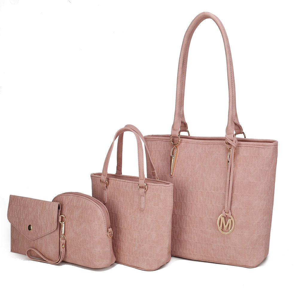 Vegan Leather Women'S Tote Bag, Small Tote Handbag, Pouch Purse & Wristlet Wallet Bag 4 Pcs Set by Mia K - Rose Pink